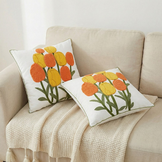 포근달 북유럽 꼬자수 쇼파쿠션 핸드메이드 침대 등받이 쿠션 솜포함, 오렌지+노랑