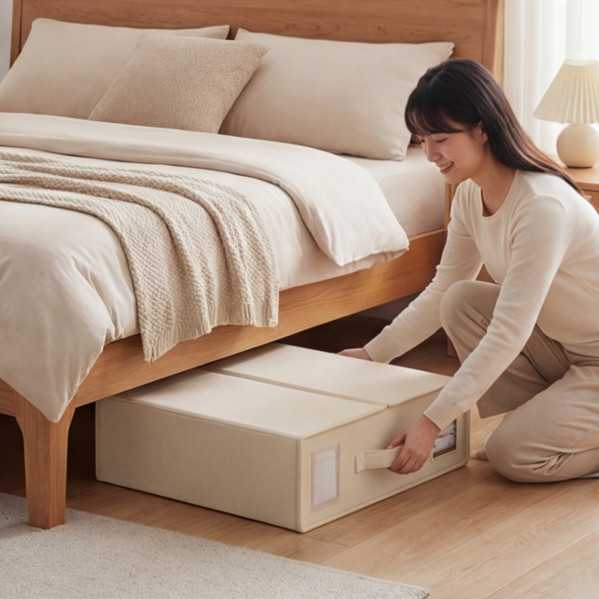 언더베드 리빙박스 이불 정리함 압축파우치 대용량 침대밑 한샘 수납, 베이지, 1개