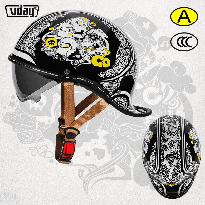uday 復古摩托車半盔 安全帽, 亮黑幽靈圖騰