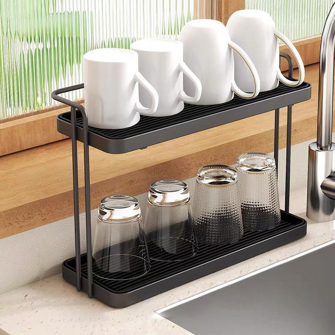 Alemon 주방컵걸이걸이선반 물빠짐 컵보관 건조대, 2단, 02블랙, 1개