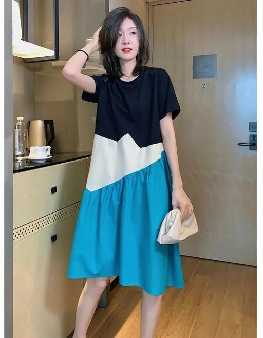 短袖洋裝 夏季寬鬆顯瘦不規則拼接休閒連身裙, 藍色