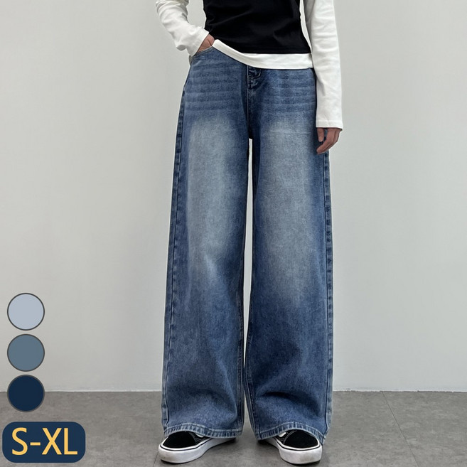 쏘옷 여성용 어센틱 워싱 하이웨이스트 와이드핏 데님 청바지 면100% 사계절