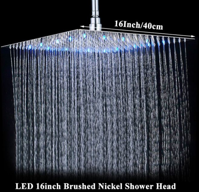 크롬 LED 라이트 욕실 샤워 헤드 16 인치 대형 해바라기 수도꼭지 액세서리 상단 사각형 황동 초박형, 01 빠른, 04 16 LED Nickel