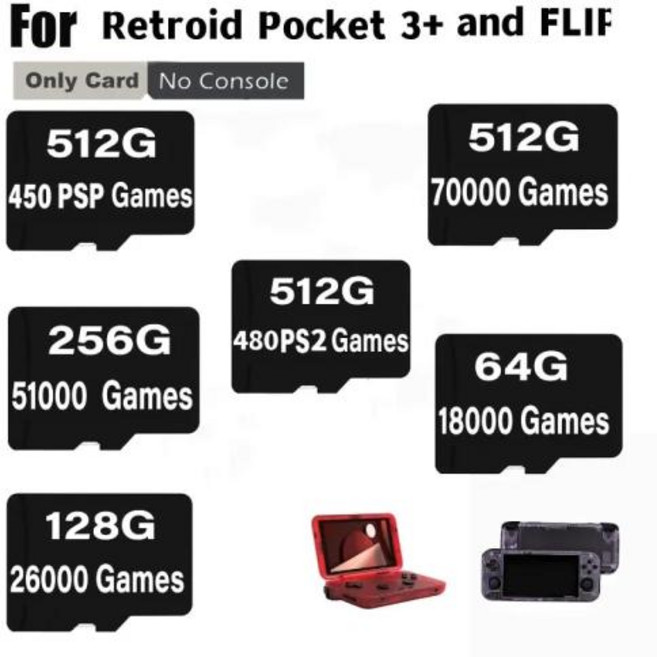 레트로이드 포켓 3 플립 SD 카드 512GB 70000 게임 TF 카드 RP3 RP 플립 PSP PS2 512G 256G 레트로 휴대용 게임용, 1) 64G 15000 games, 1개