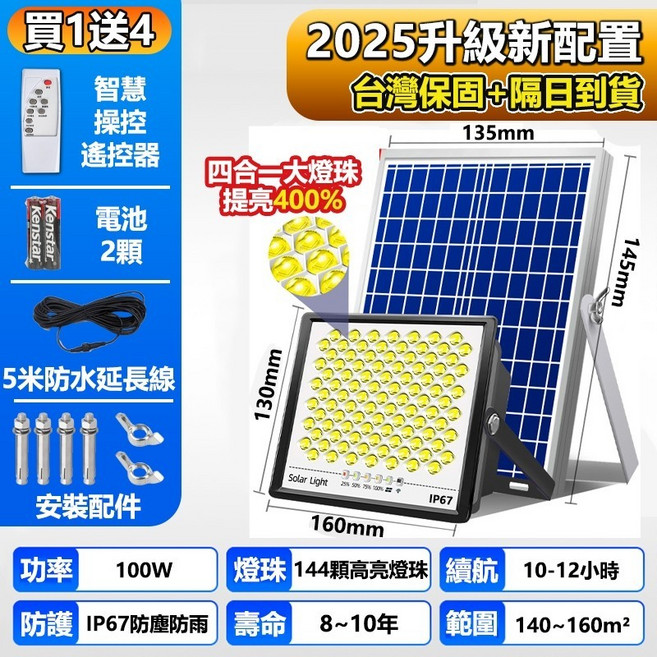 台灣隔日達 2025款太陽能燈 太陽能戶外燈 探照燈 太陽能感應燈 投射燈 遙控光控 防水LED燈具 照明燈, 100W滿天星+永久保固