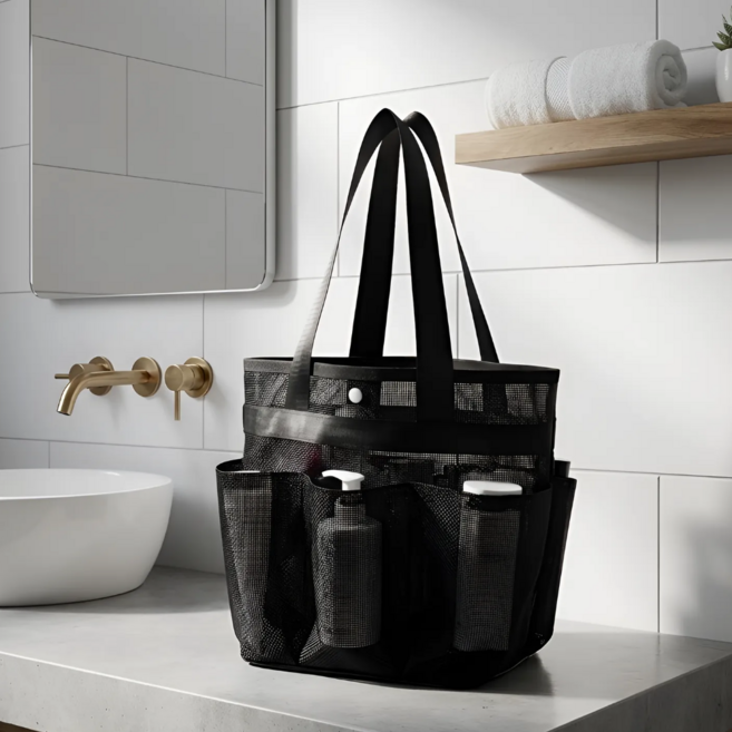 샤이니도트 메쉬 물빠짐 멀티포켓 수영가방 목욕가방, 블랙