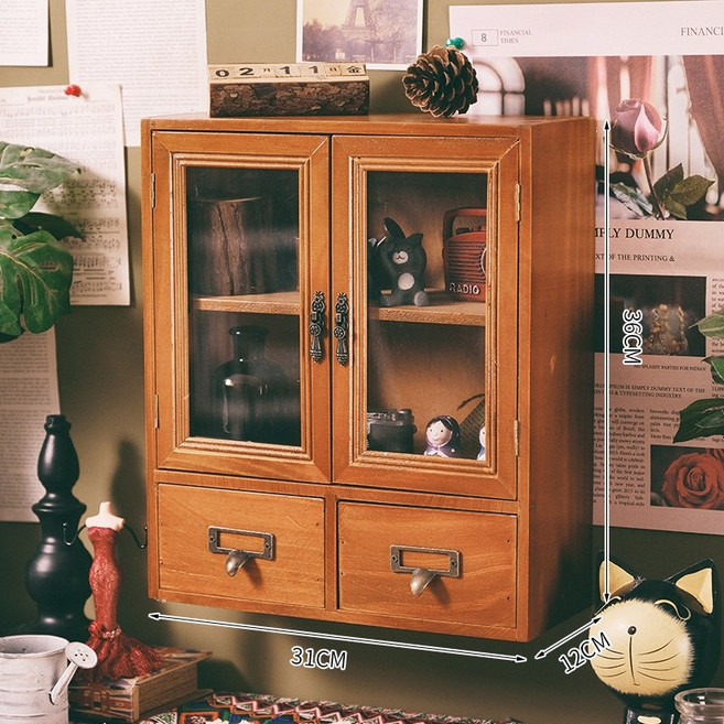 일공이오마켓 원목미니진열장 원목진열장 장식장가구 원목3단진열장 화분진열대 원목수납장, 고풍양문아크릴(서랍2)