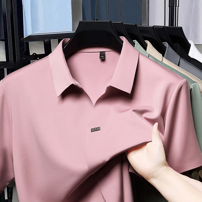 남성 아이스 폴로 반팔 스칼롭 넥 무 흔적 남성 티 피부 친화적 아이스 실크 반팔 상의 피부 친화적 티 골프티 와이셔츠