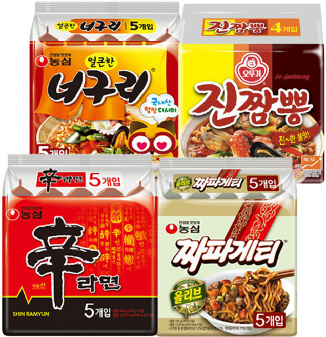 봉지라면 4종 (신라면5+너구리5+짜파게티5+진짬뽕5), 신라면5+너구리5+짜파게티5+진짬뽕5, 20개