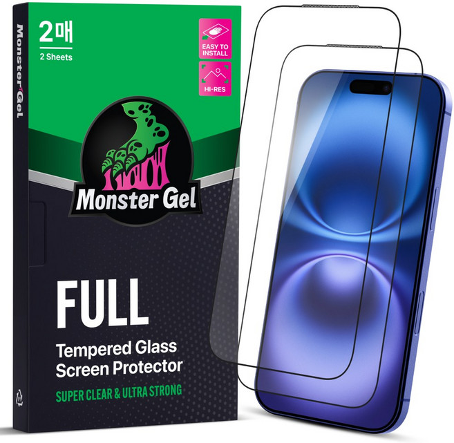 몬스터 고화질 슈퍼강력 투명 강화유리 휴대폰 액정보호필름 2p + 똥손탈출 부착틀, 1세트