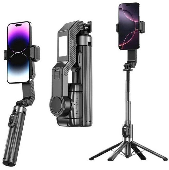 AI 추적 채우기 조명을 갖춘 3-in-1 셀카봉 삼각대 핸드헬드 짐벌 스마트폰용 휴대폰 핸드폰 홀더 안정 장, 01 Black