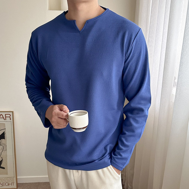 남자 남성 가볍고 부드러운 데일리 슬릭 포인트브이넥 긴팔 티셔츠 4컬러_CMT024
