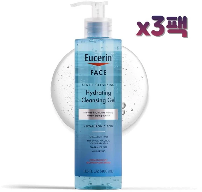 유세린 하이드레이팅 히알루론산 클렌징 젤 400ml x3팩, 3개 - 쿠팡