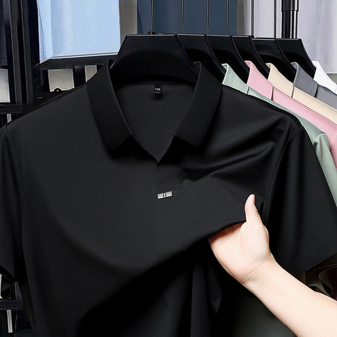 남성 아이스 폴로 반팔 스칼롭 넥 무 흔적 남성 티 피부 친화적 아이스 실크 반팔 상의 피부 친화적 티 골프티 와이셔츠