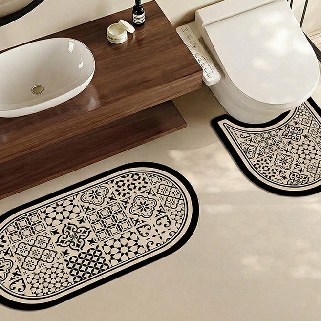 푸자오 빨아쓰는 규조토 건식 욕실 매트 화장실 변기 발매트, 모노패턴 블랙, 1개