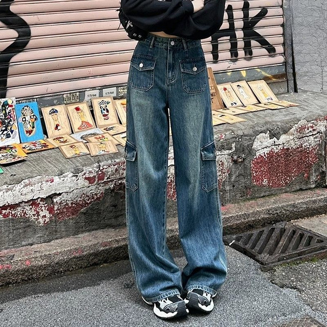해피유통 여성 여름 카고 빈티지 데님 팬츠 와이드 하이웨스트 멀티포켓 팬츠jhy