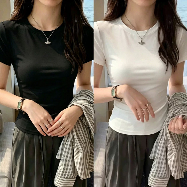 圓領短袖打底衫, 1個, 黑色+白色【實惠兩件裝】】2XL(140-160斤)