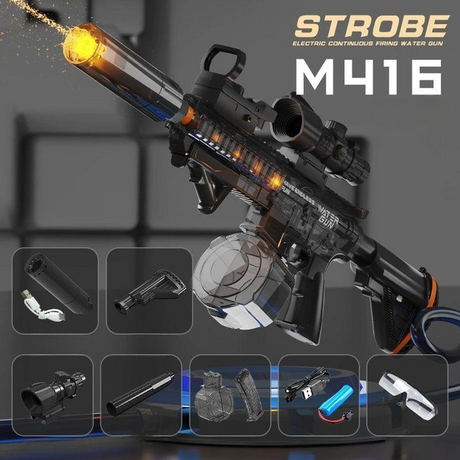 M416 전동물총 총구 불꽃 LED 연발 워터건 자동물총, 블랙, 1개, 배터리 2개