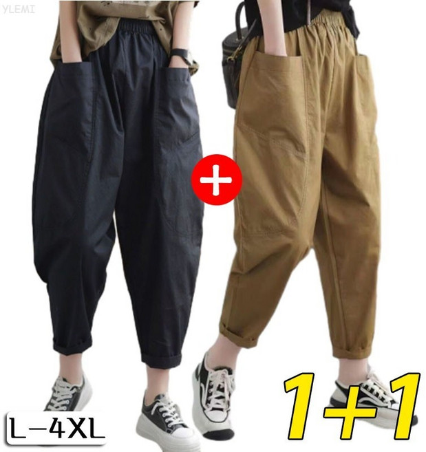 YLEMI 1/1+1 여성 봄 여름 얇은 빅포켓 배기팬츠 캐주얼 밴딩 바지 빅사이즈 중년 엄마옷 2p