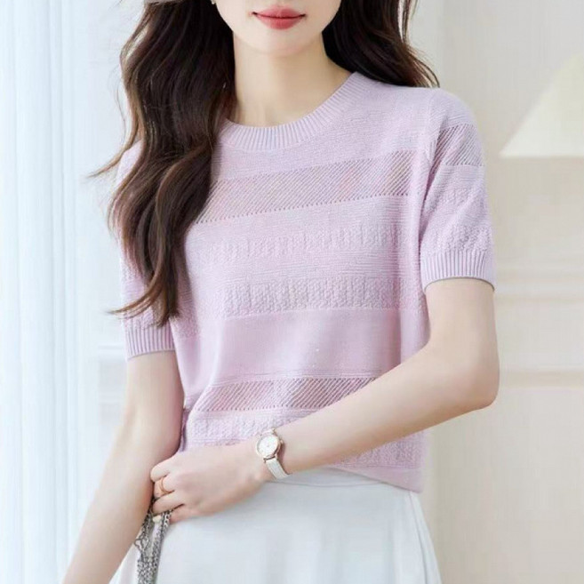 SAHINER 여성 반팔 니트 라운드넥 시스루 오피스룩 봄가을 상의 ATX68