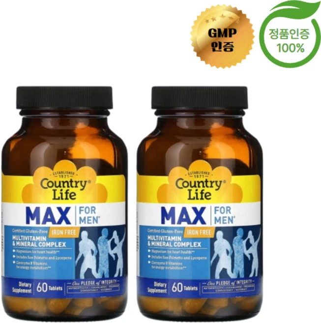Country Life 남성용 맥스 멀티비타민 & 미네랄 복합 철분 무함유 Multivitamin & Mineral Complex, 2개, 60정 - 쿠팡