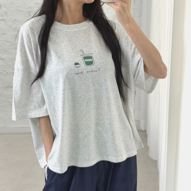 바이일이오 여성 선샤인 레터링 캐릭터 프린팅 오버핏 여름 반팔 티셔츠