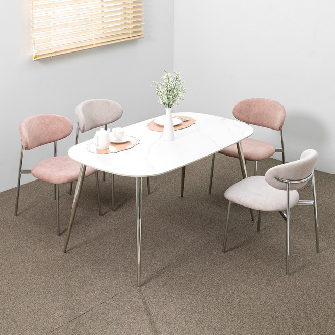 프랑크 세라믹 1400X800 타원형 로즈 4인 식탁 세트 스테인리스 다리, 옐로우