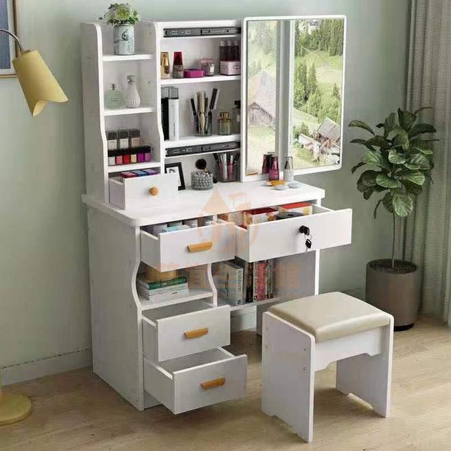 奶油風多功能化妝桌 帶化妝鏡梳妝台一體櫃 小戶型收納櫃 臥室簡約, T68粉色,組裝