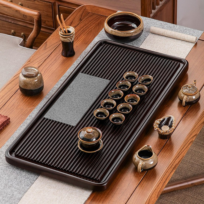 원목 찻쟁반 대형 다도세트 배수 기능 포함 중국풍 디자인 가정용 다도판 차판 티잔 차탁 우드 트레이, 석복 블랙 소형 50x28+차 도구, 1개