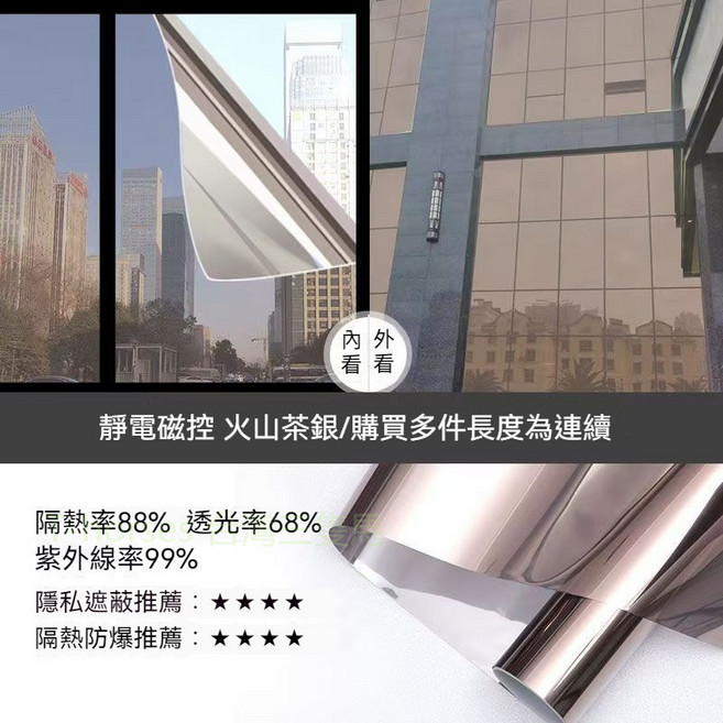 靜電無膠 隔熱窗貼 磨砂玻璃貼 單透/雙透 陽光房隔熱膜 遮陽防窺 換鏡片方便, 單透 火山茶銀【靜電吸附不帶膠】,寬40公分【1米價】 滿4送1