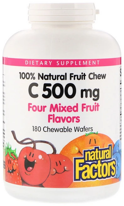 NF 네추럴 팩터스 100퍼센트 천연 과일 비타민C 4가지 혼합 과일 맛 500mg 180 츄어블 웨이퍼 로즈힙 구연산 감초 뿌리 아스코르브산 루틴 실리카 함유, 180개 - 쿠팡