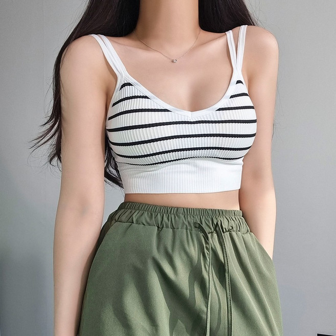 비키비키 캡내장 나시 래쉬가드 수영복 운동복 크롭 브라탑, 아이보리 줄무늬