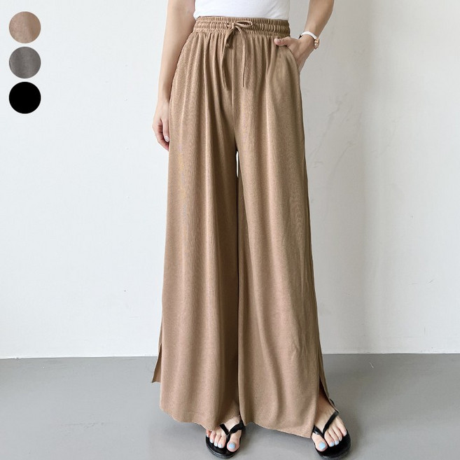 여리진 여성용 시원한 키작녀 찰랑 밴드 스판 옆트임 일자 와이드 팬츠 여름 바지 빅사이즈까지