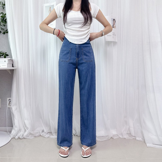 제이엠스타일 [숏/롱] S~2XL 여성 여름 텐셀70% 쿨 냉감 시원한 얇은원단 스판 와이드 청바지 데님 팬츠 밴딩 여자 빅사이즈 통바지 블랙 진청 연청 키작녀 키큰녀 썸머