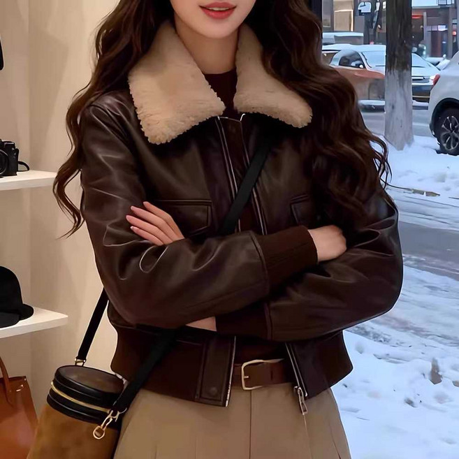 합숙맞선 4회 조은나래 여성 털 퍼 카라 가죽 PU 집업 자켓 꾸안꾸 캐주얼