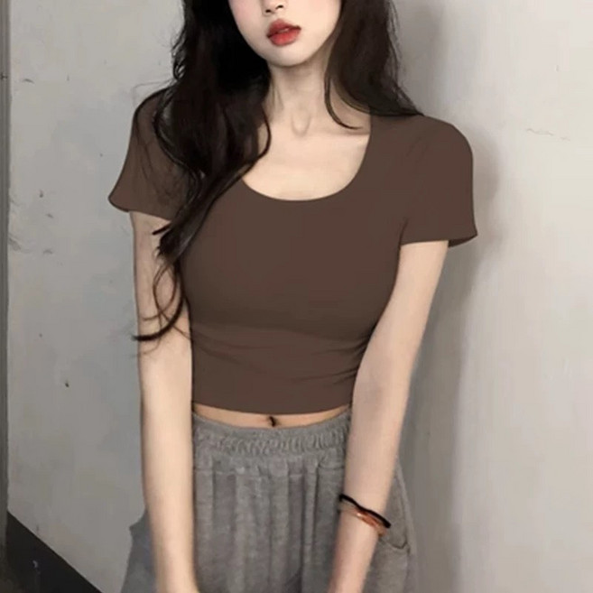 短袖T恤 素色圓領短版上衣 緊身素T 百搭打底衫