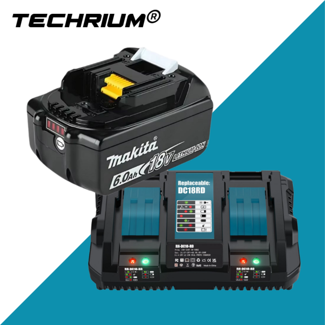 테크리움 호환 마키타 BL1860B 18V 배터리 6.0Ah 장시간작업용 LXT DC18RD 충전기, 2개