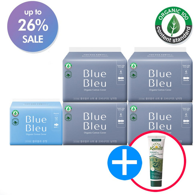 블루블루 유기농 생리대 오버나이트4팩 중형1팩(사은품증정), 5개