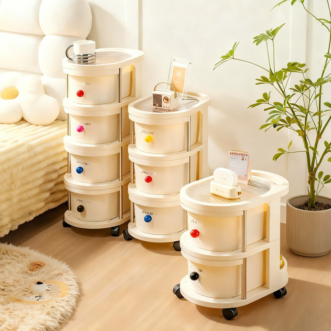 하루꿈 양면 수납 서랍장 다용도 간식 트롤리 서랍형 이동식 수납장, 4단, 아이보리