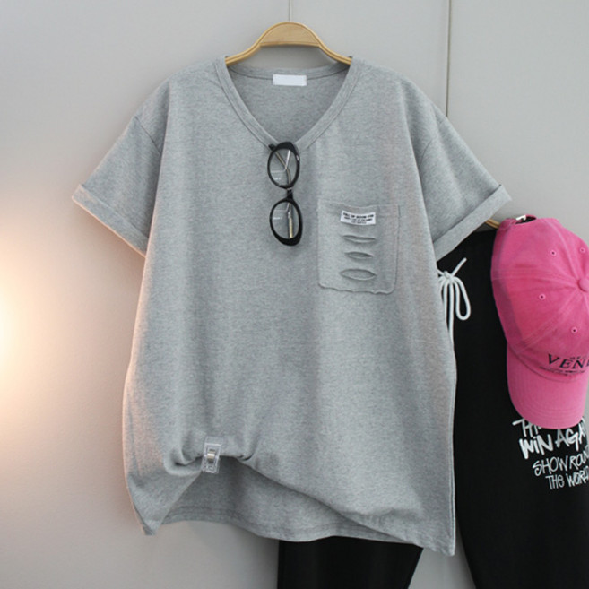 달콩 여성 포켓헤짐브이넥반팔티 루즈핏