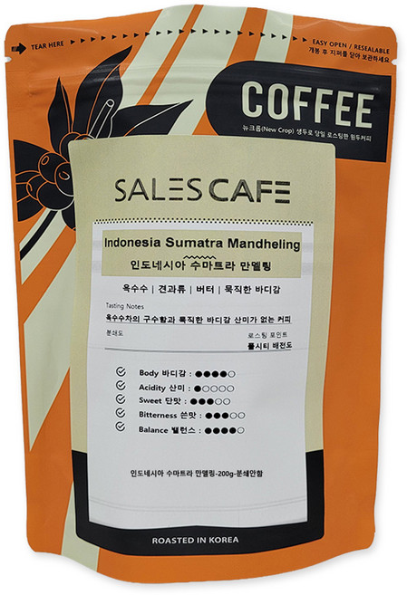인도네시아 수마트라 만델링 200g원두커피(SROC080FC0200A01), 분쇄안함(W), 모카포트, 200g, 1개