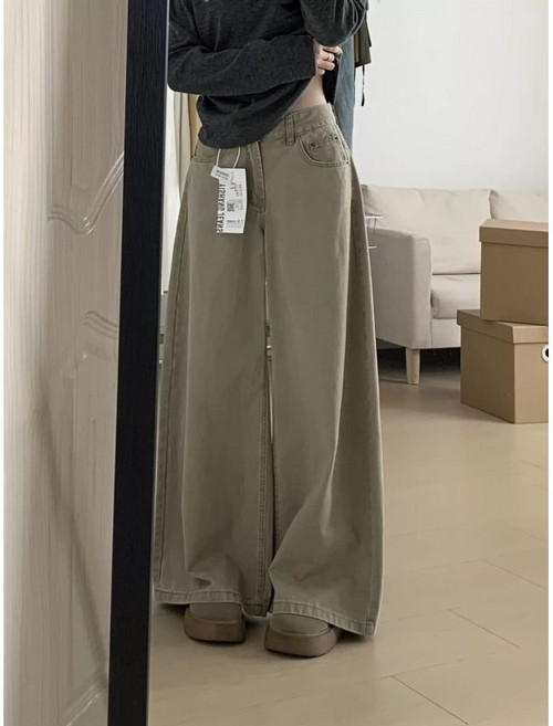 卡其色寬鬆闊腿牛仔褲女夏季高腰顯瘦休閒百搭垂感拖地褲