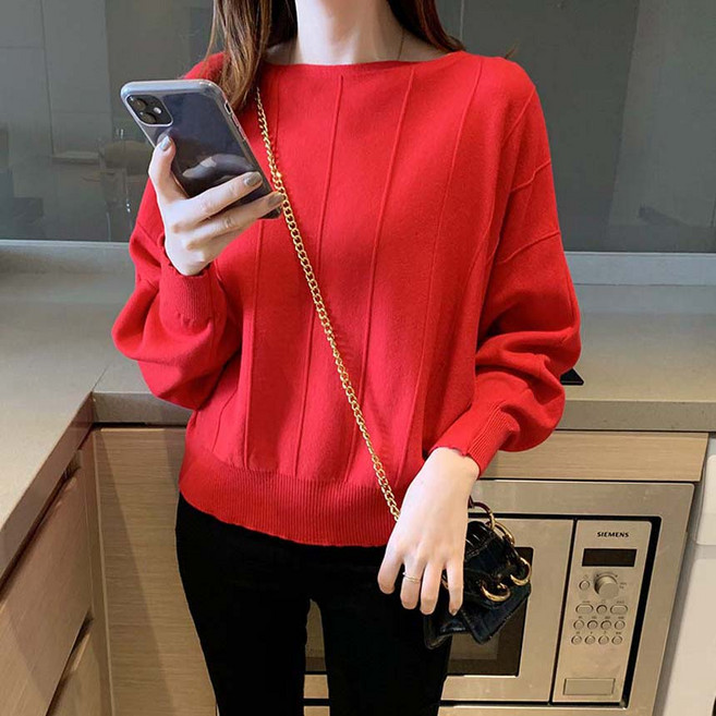 여성 봄 가을 보트넥 절개 라인 가오리 긴팔 소프트 니트 포인트 티셔츠 엣지라인가오리니트