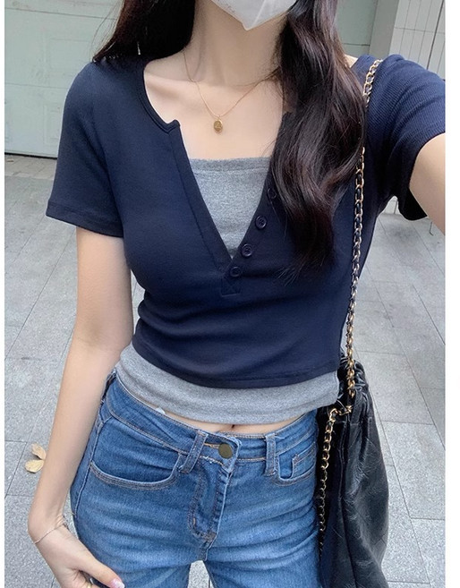 여성 슬림 핑크 브이넥 티셔츠 여자 반팔 봄여름 슬림핏 티셔츠