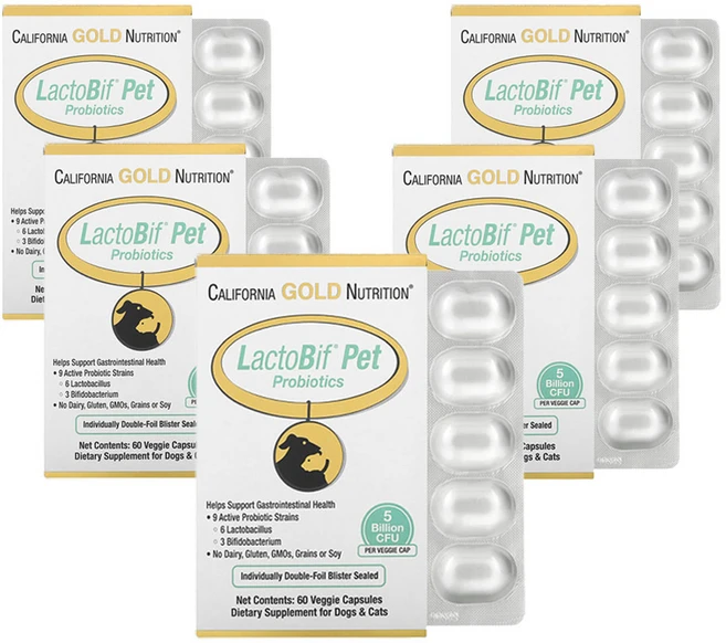 캘리포니아골드뉴트리션 LactoBif 반려동물 프로바이오틱스 50억 CFU 베지 캡슐 60정, 5개, 장건강/유산균 - 쿠팡