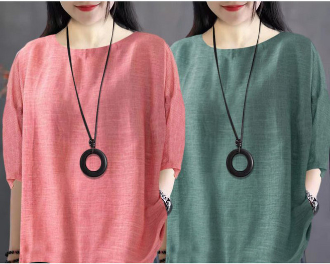 1+1 중년 여성 여름 반팔 티셔츠 고급 여성복 캐주얼 라운드 상의 루즈핏 순면 반팔티 CY