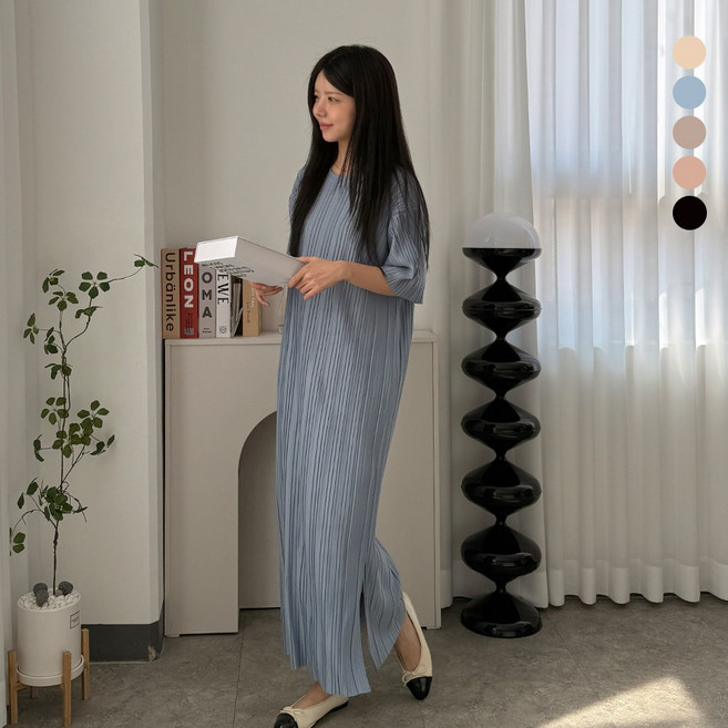 디테일웨어 여성 베이글 주름 롱원피스 라운드넥 플리츠 주름 편한원피스 임부복 신축성 좋은 반팔원피스 시원한 여름원피스 마실룩