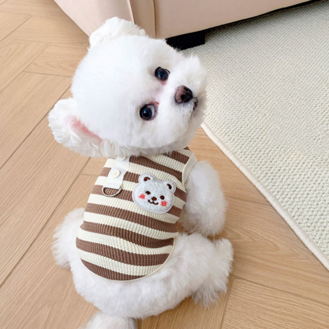 멍케어 강아지옷 곰돌이 와펜 민소매 티셔츠 하네스옷, 브라운, 1개