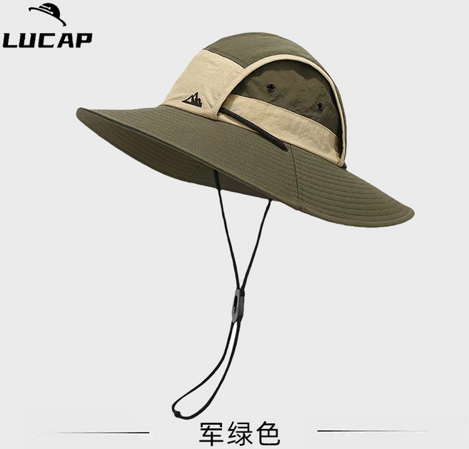 LU CAP 速乾拼色戶外防曬登山帽 防水防風漁夫帽 男戶外露營遮陽帽, 軍綠色,均碼