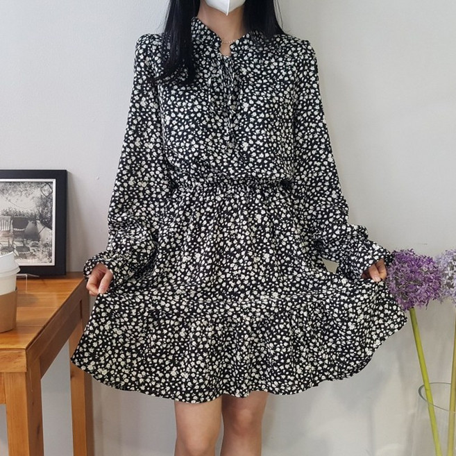 상상그이상 여성용 잔꽃 반차이나 미니원피스 편안한 허리밴딩 귀여운 프릴원피스